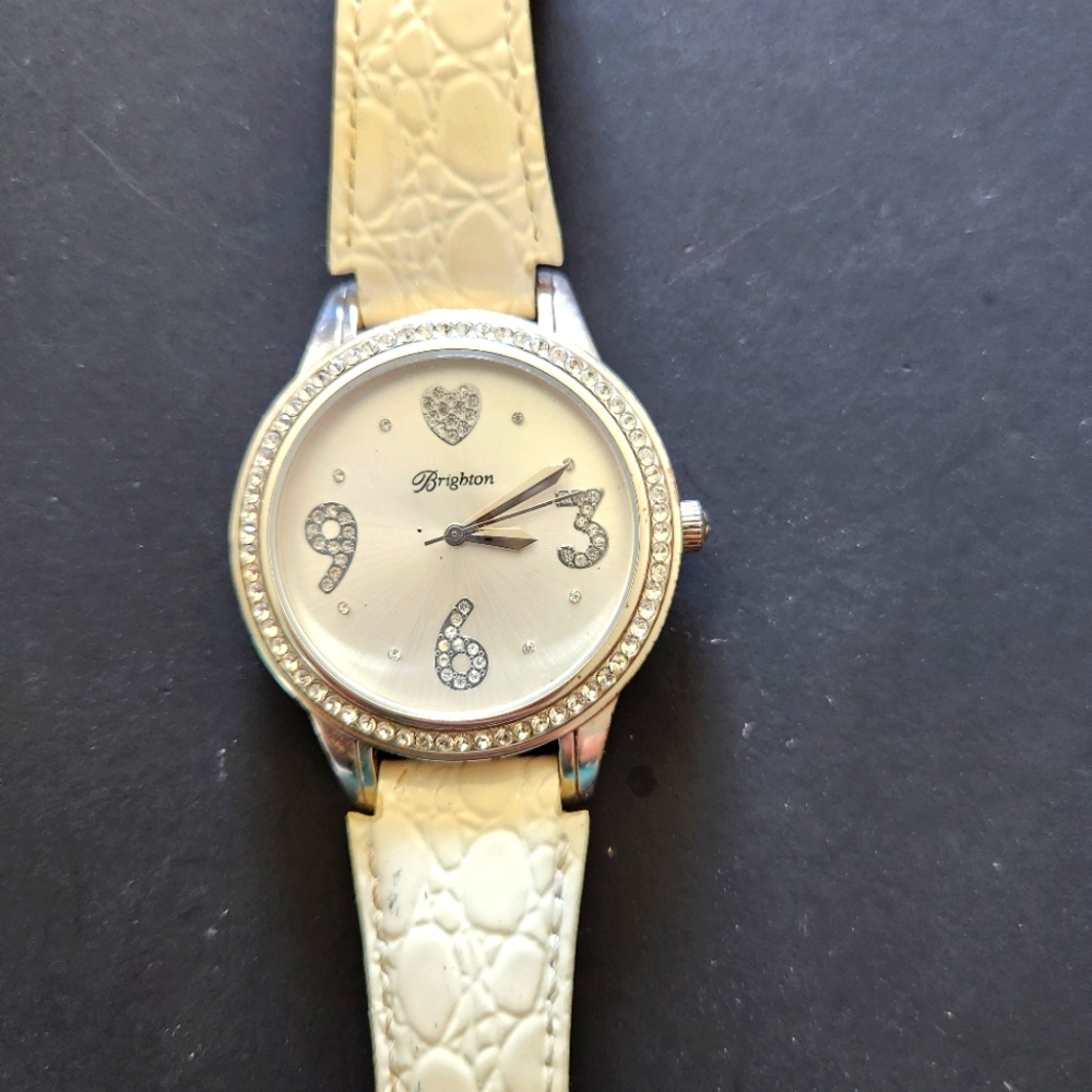 Brighton Women Watch Viejo 44mm Silver Tone Swarovski Crystal White Leather Band